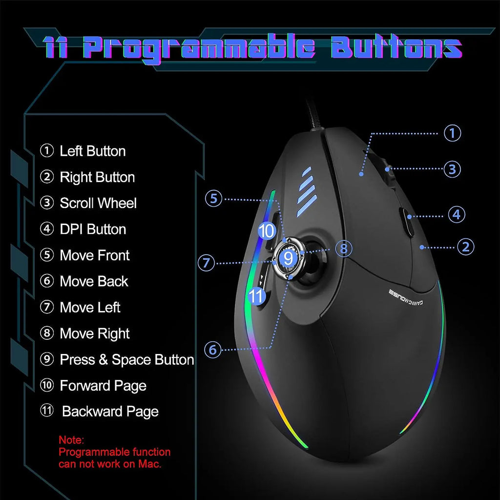 ZELOTES C18 Wired Mouse Vertical Ergonomic Mouse RGB Joysticks Programmable Laser Gaming Mice 10000 DPI for PC Computer Gamer