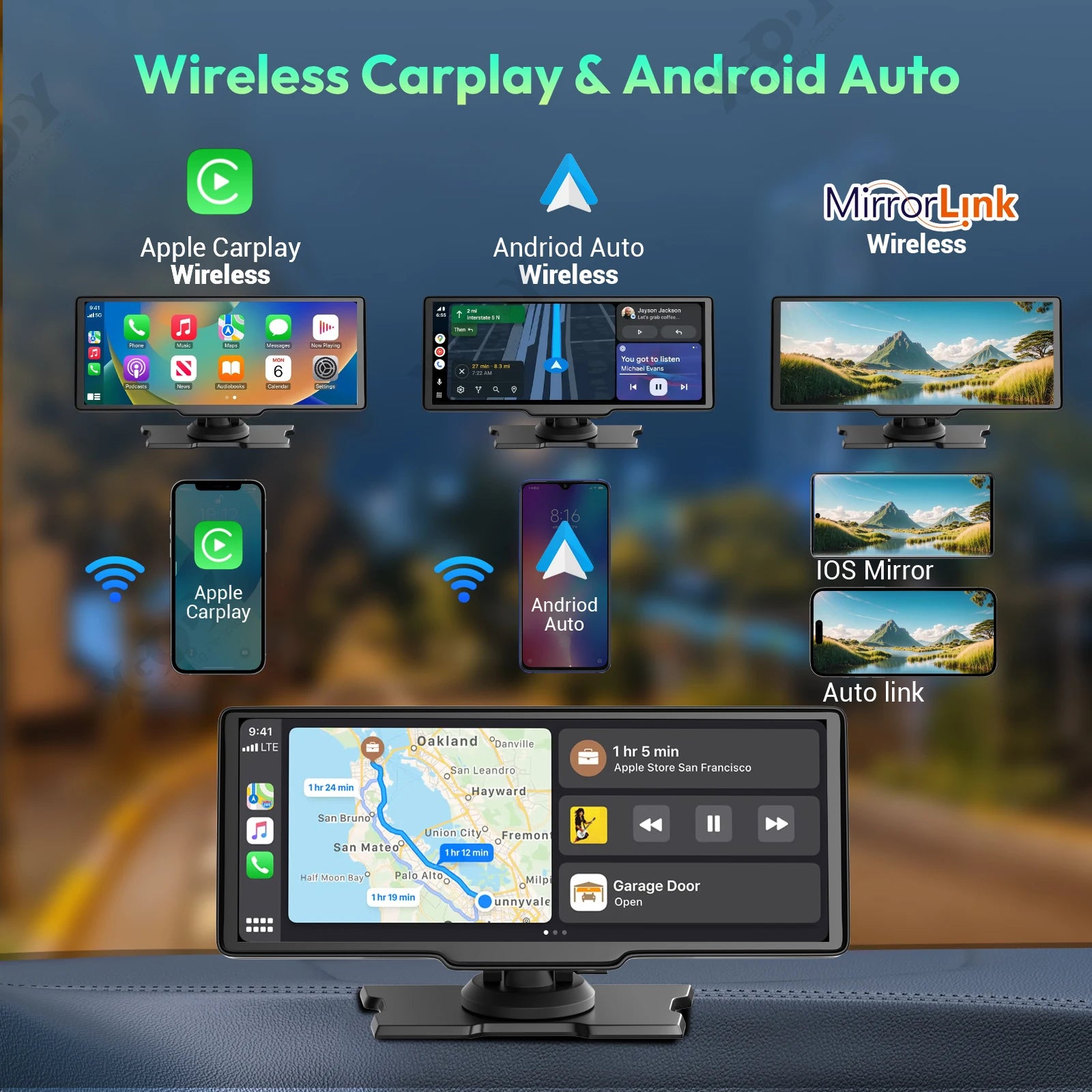 4K 10.26" Touch Screen Car DVR Dashcam Wireless Apple Carplay Android Auto Dual Lens Video Recorder Dual Dash Cam DVR