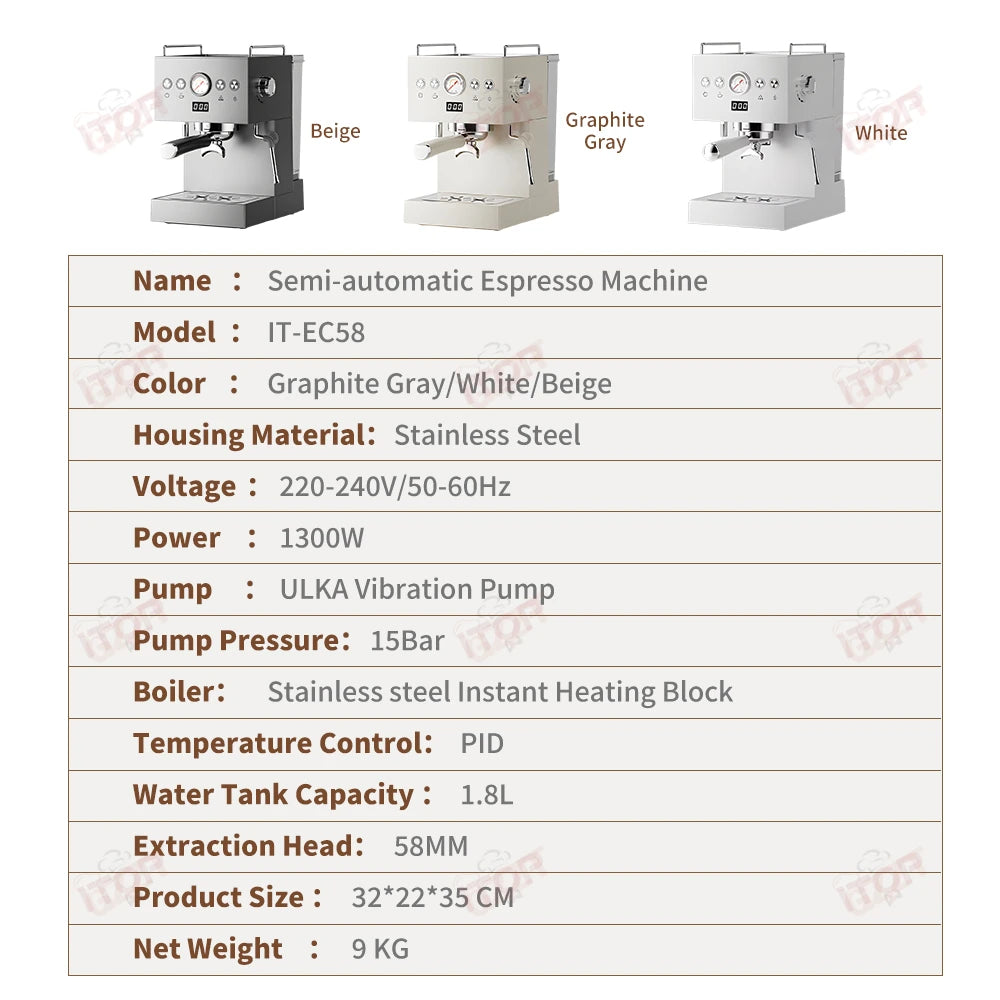 EC58 Semi-Automatic Espresso Machine Stainless Steel 15Bar Coffee Maker with PID Temperature Control ULKA Pump 1300W