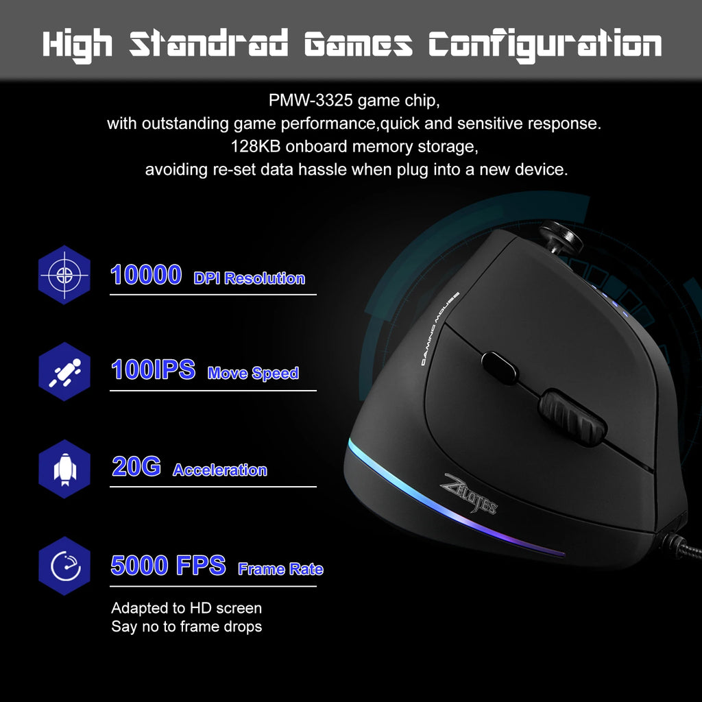 ZELOTES C18 Wired Mouse Vertical Ergonomic Mouse RGB Joysticks Programmable Laser Gaming Mice 10000 DPI for PC Computer Gamer