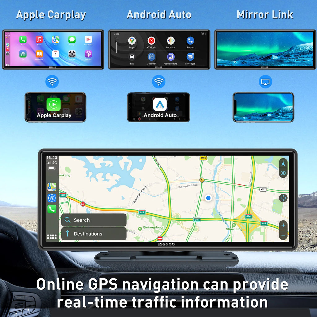 10.26 Portable Wireless Carplay/Android Auto Car Stereo Radio Mirror Link Siri Bluetooth Audio FM