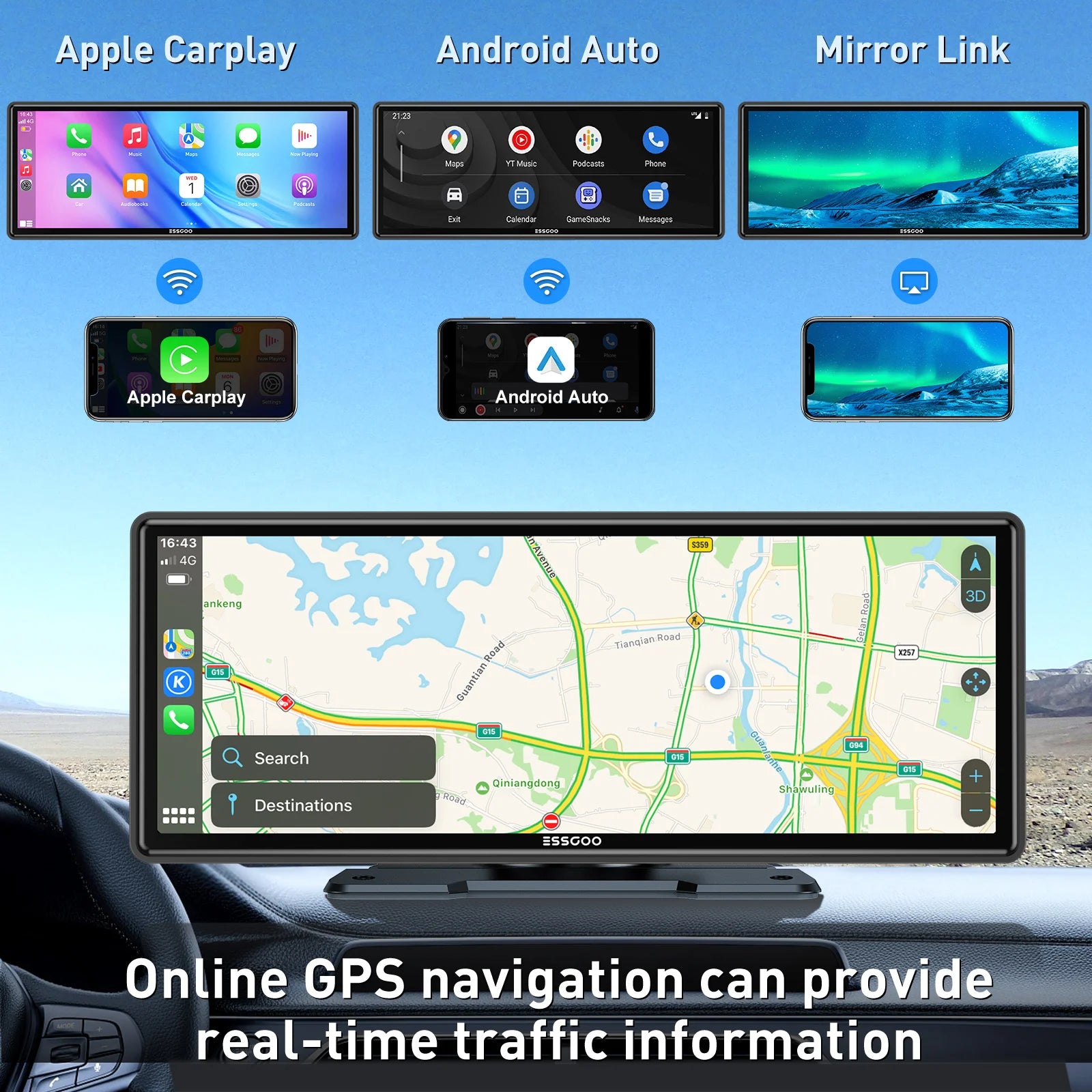 10.26 Portable Wireless Carplay/Android Auto Car Stereo Radio Mirror Link Siri Bluetooth Audio FM