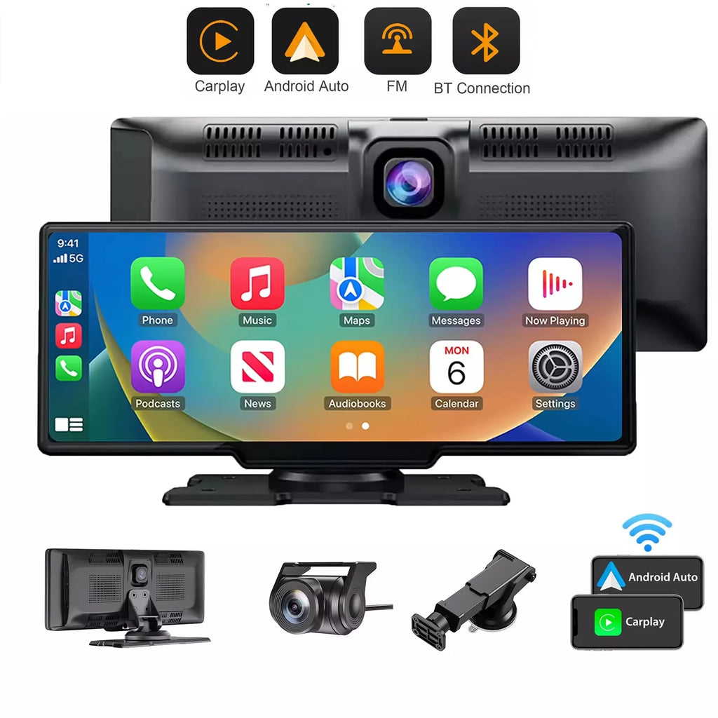 4K 10.26" Touch Screen Car DVR Dashcam Wireless Apple Carplay Android Auto Dual Lens Video Recorder Dual Dash Cam DVR