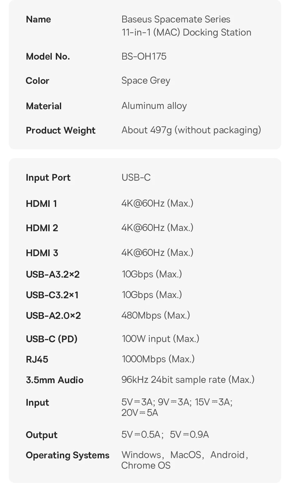 Baseus Spacemate USB-C Dokkingstasjon 11-i-1 / 12-i-1 – 4K@60Hz, 10 Gbps USB, Gigabit LAN og PD 100W
