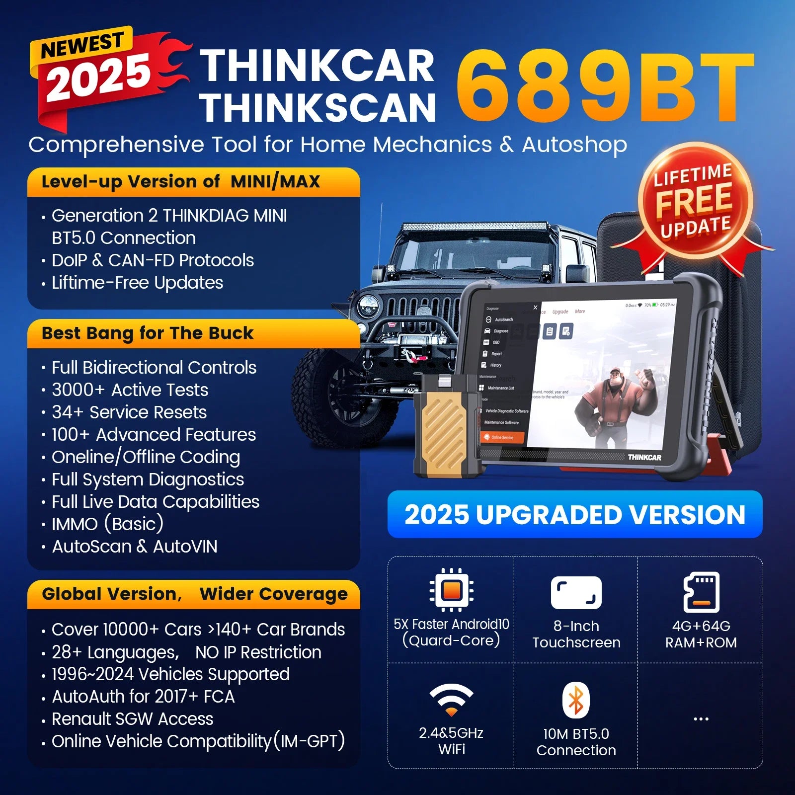 THINKCAR THINKSCAN 689BT – OBD2 Diagnoseverktøy med Nøkkelprogrammering, ECU Coding, CANFD og DOIP