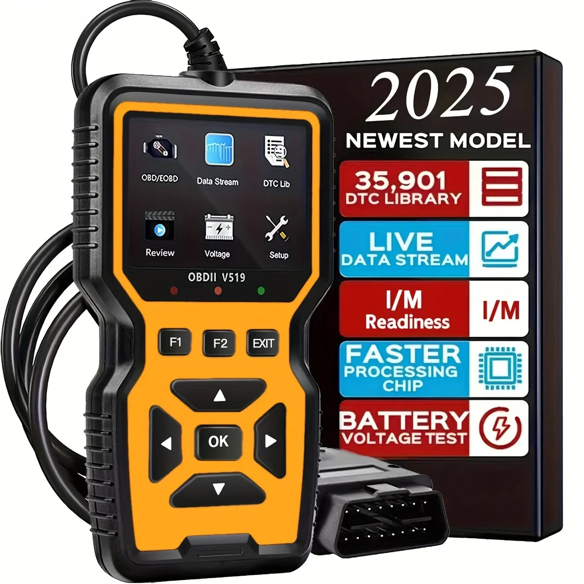 Bil OBD2 skanner diagnostisk verktøy kodeleser, bil spenningsmåler motor feilkodeskanner, ladetester diagnostisk verktøy V519