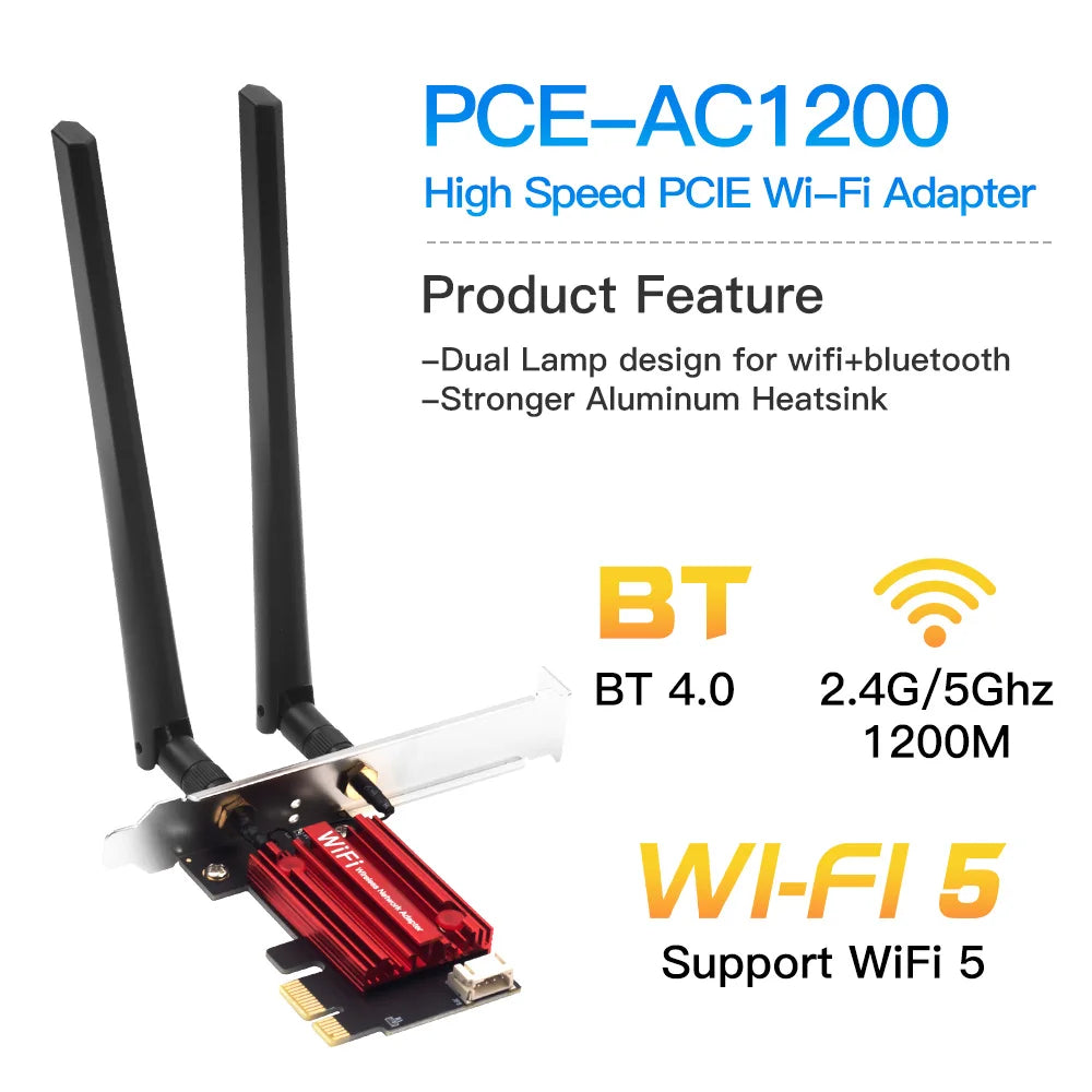 FENVI WiFi 5 AC1200 PCI-E Trådløst Nettverkskort – Dual Band 2.4G/5GHz + Bluetooth 4.2