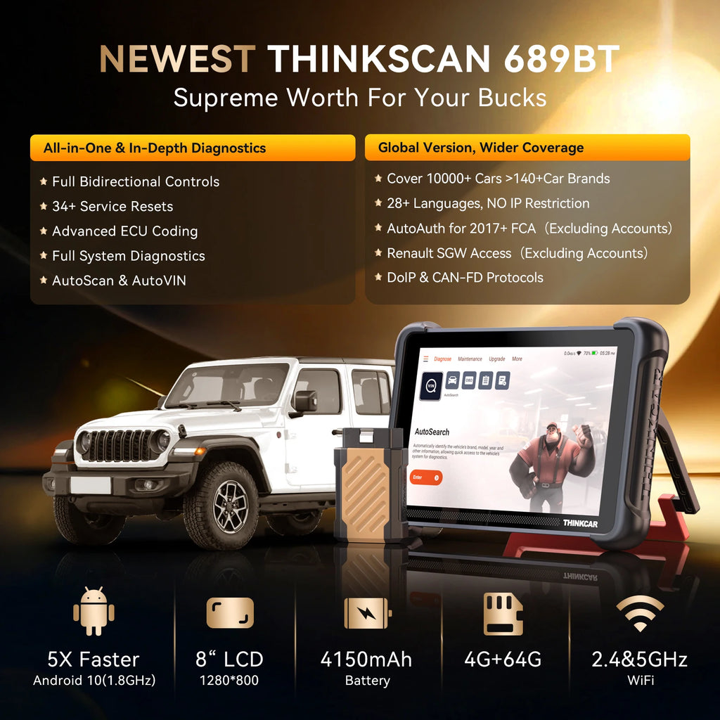THINKCAR THINKSCAN 689BT – OBD2 Diagnoseverktøy med Nøkkelprogrammering, ECU Coding, CANFD og DOIP