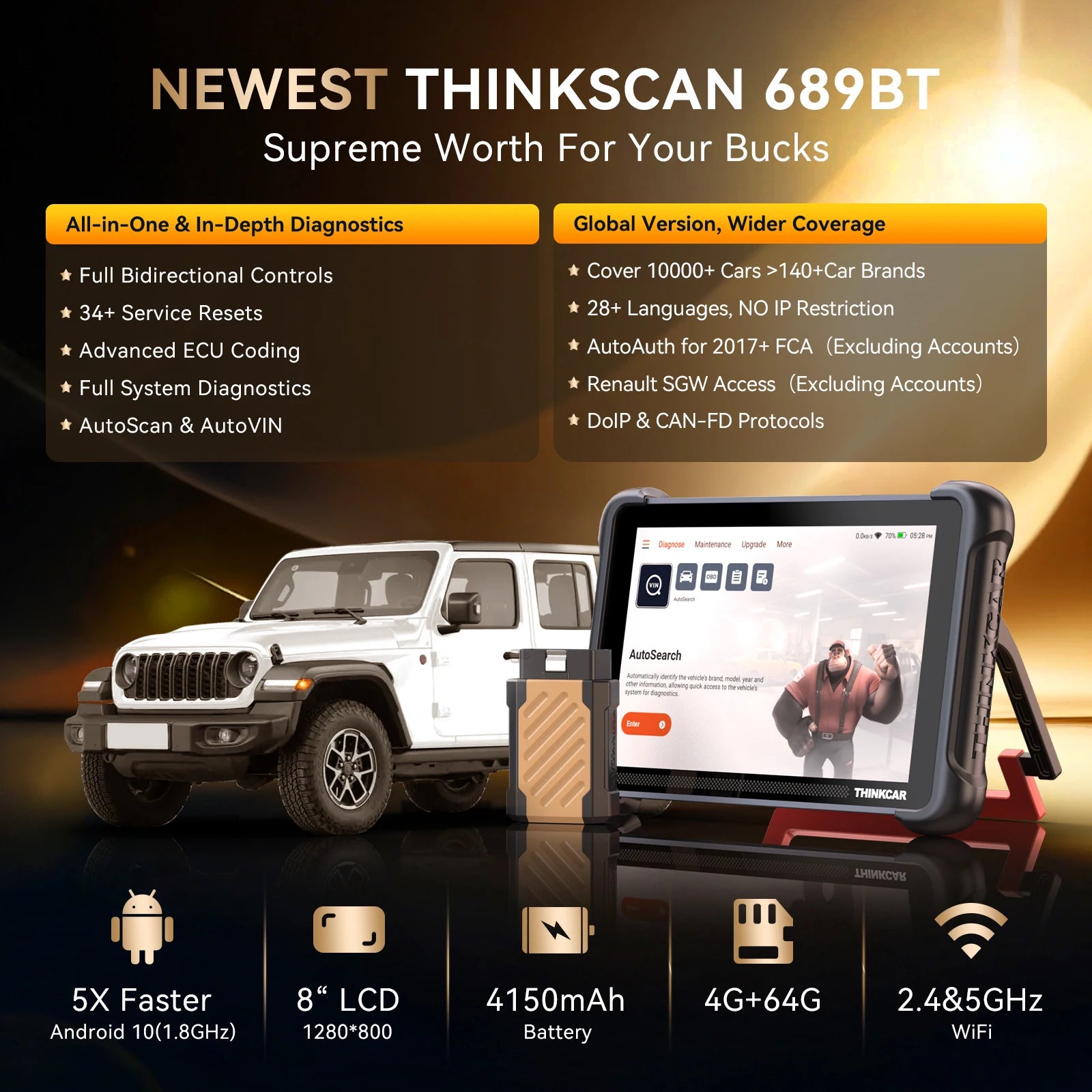 THINKCAR THINKSCAN 689BT – OBD2 Diagnoseverktøy med Nøkkelprogrammering, ECU Coding, CANFD og DOIP