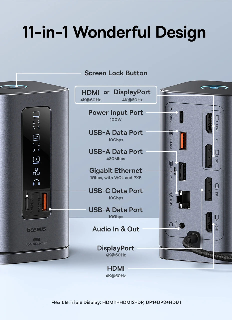 Baseus Spacemate USB-C Dokkingstasjon 11-i-1 / 12-i-1 – 4K@60Hz, 10 Gbps USB, Gigabit LAN og PD 100W