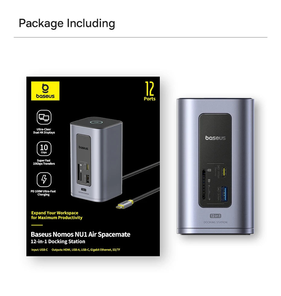 Baseus Spacemate USB-C Dokkingstasjon 11-i-1 / 12-i-1 – 4K@60Hz, 10 Gbps USB, Gigabit LAN og PD 100W