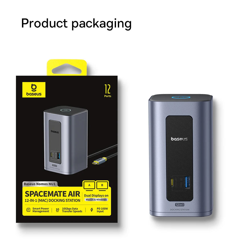 Baseus Spacemate USB-C Dokkingstasjon 11-i-1 / 12-i-1 – 4K@60Hz, 10 Gbps USB, Gigabit LAN og PD 100W