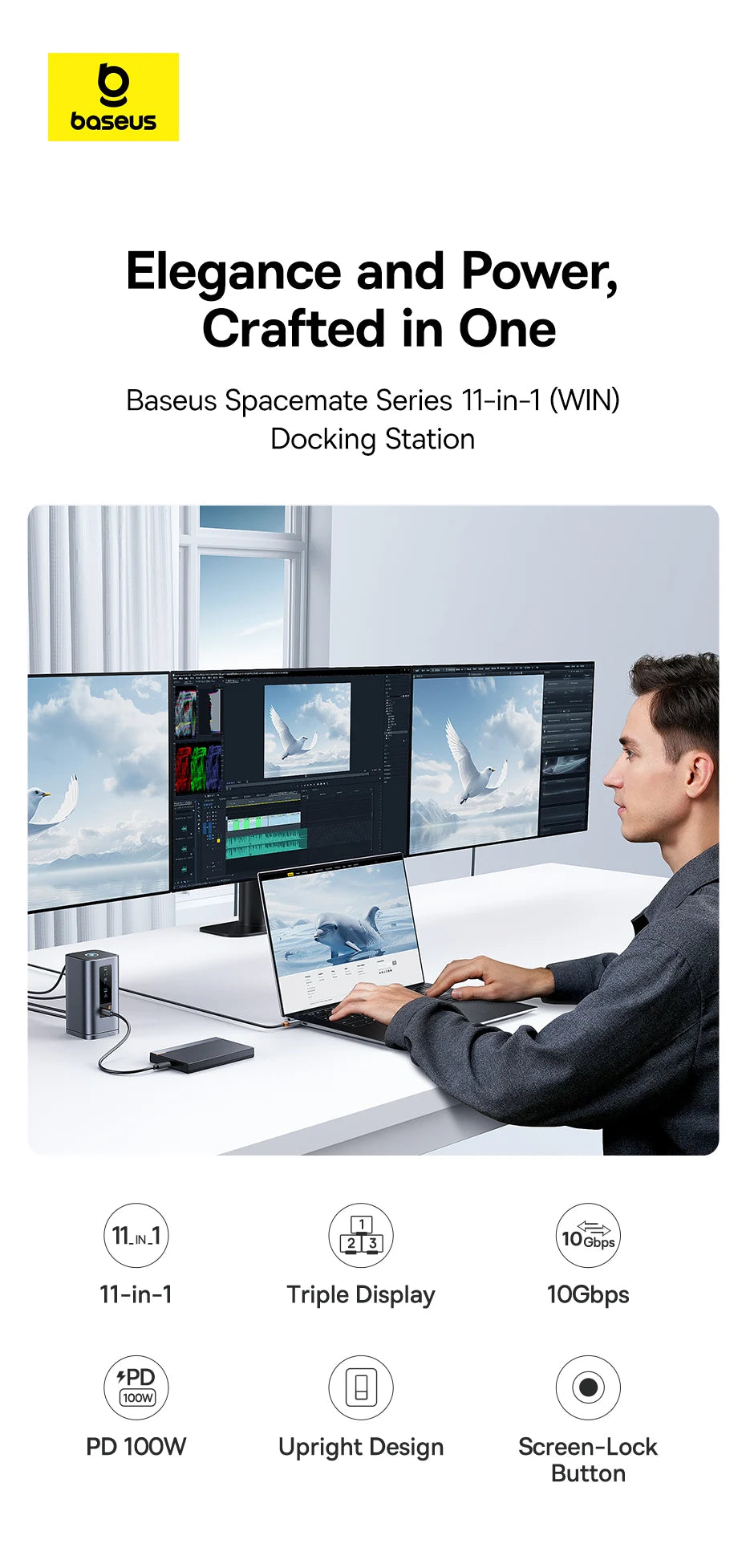 Baseus Spacemate USB-C Dokkingstasjon 11-i-1 / 12-i-1 – 4K@60Hz, 10 Gbps USB, Gigabit LAN og PD 100W