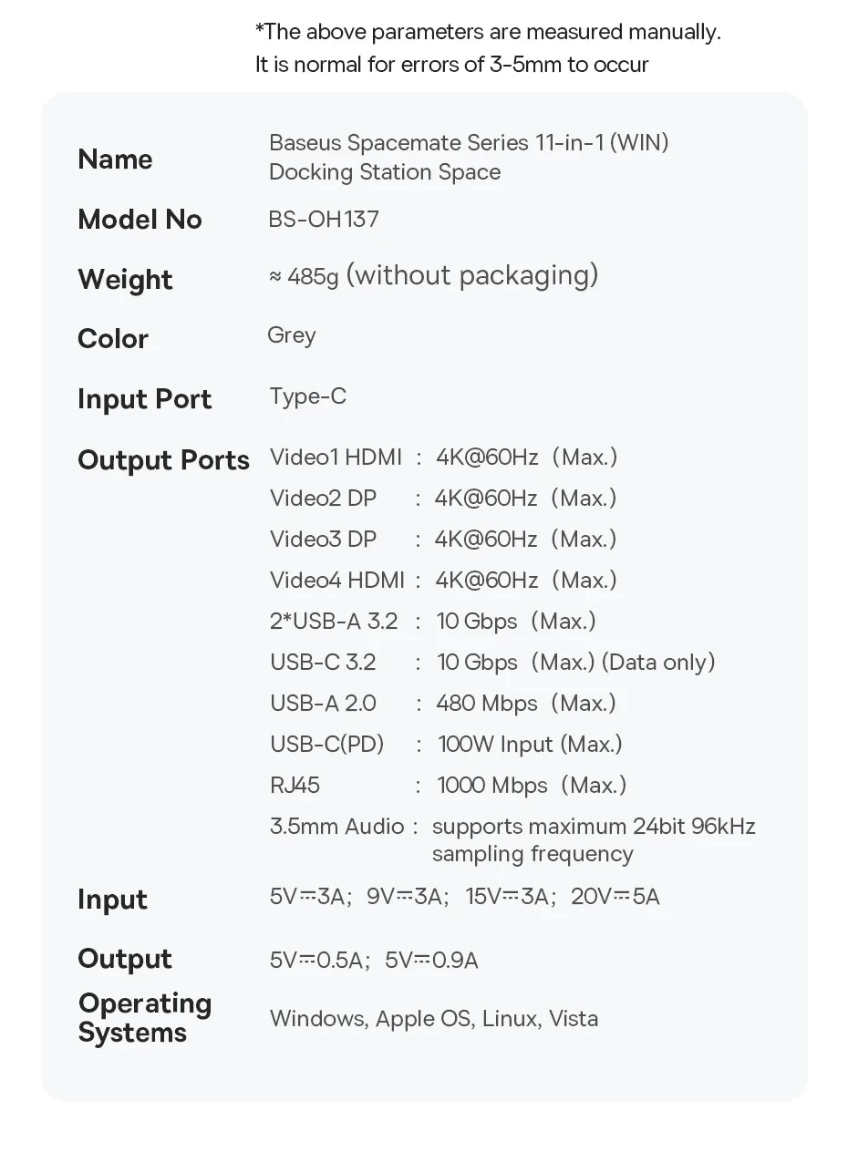 Baseus Spacemate USB-C Dokkingstasjon 11-i-1 / 12-i-1 – 4K@60Hz, 10 Gbps USB, Gigabit LAN og PD 100W