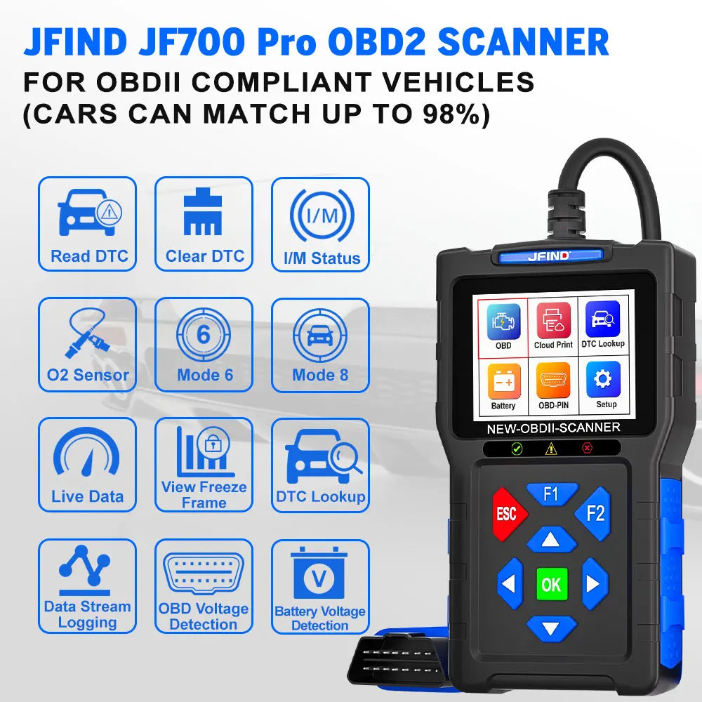 JFIND JF700 OBD2 Feilkodeleser – Bil og Motorsykkel Diagnostikkverktøy | Spenningstest, Ladetest, Skyutskrift