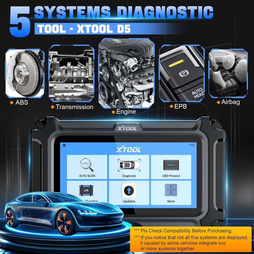 XTOOL D5 Bildiagnostikkverktøy – Motor, Girkasse, ABS, EPB, Airbag | 10 Spesialfunksjoner | OBD2 Scanner