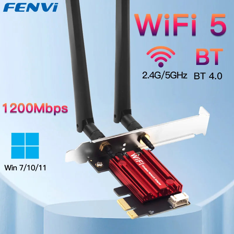 FENVI WiFi 5 AC1200 PCI-E Trådløst Nettverkskort – Dual Band 2.4G/5GHz + Bluetooth 4.2