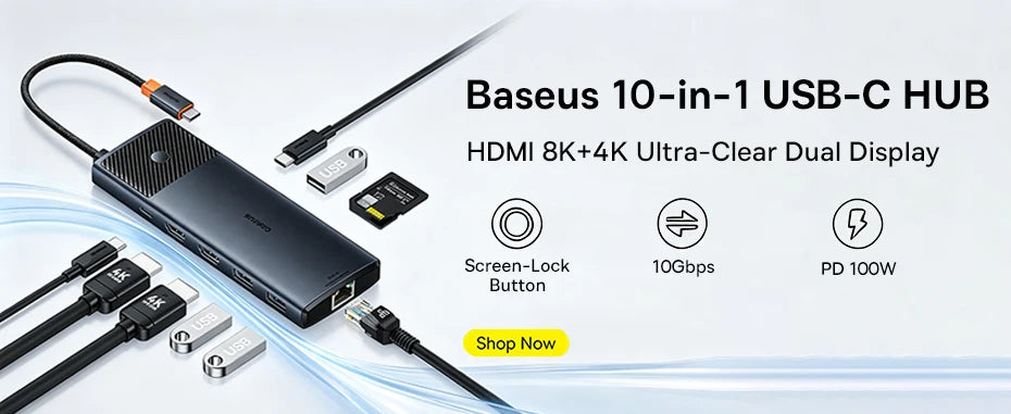Baseus Spacemate USB-C Dokkingstasjon 11-i-1 / 12-i-1 – 4K@60Hz, 10 Gbps USB, Gigabit LAN og PD 100W
