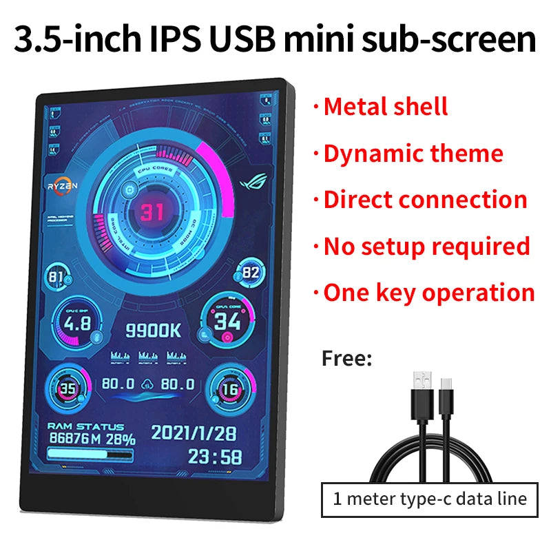 3,5" IPS USB-C Sekundærskjerm – Vis CPU, GPU, RAM og HDD i sanntid