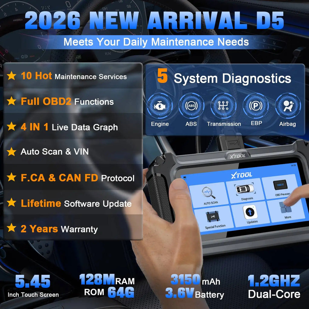 XTOOL D5 Bildiagnostikkverktøy – Motor, Girkasse, ABS, EPB, Airbag | 10 Spesialfunksjoner | OBD2 Scanner