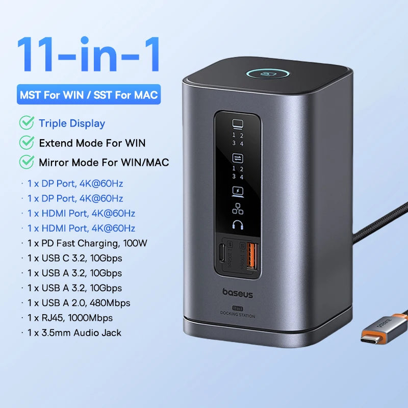 Baseus Spacemate USB-C Dokkingstasjon 11-i-1 / 12-i-1 – 4K@60Hz, 10 Gbps USB, Gigabit LAN og PD 100W