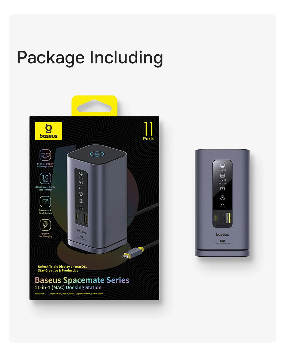 Baseus Spacemate USB-C Dokkingstasjon 11-i-1 / 12-i-1 – 4K@60Hz, 10 Gbps USB, Gigabit LAN og PD 100W