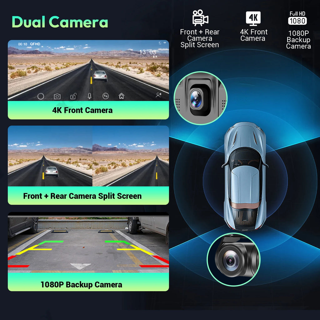 4K 10.26" Touch Screen Car DVR Dashcam Wireless Apple Carplay Android Auto Dual Lens Video Recorder Dual Dash Cam DVR