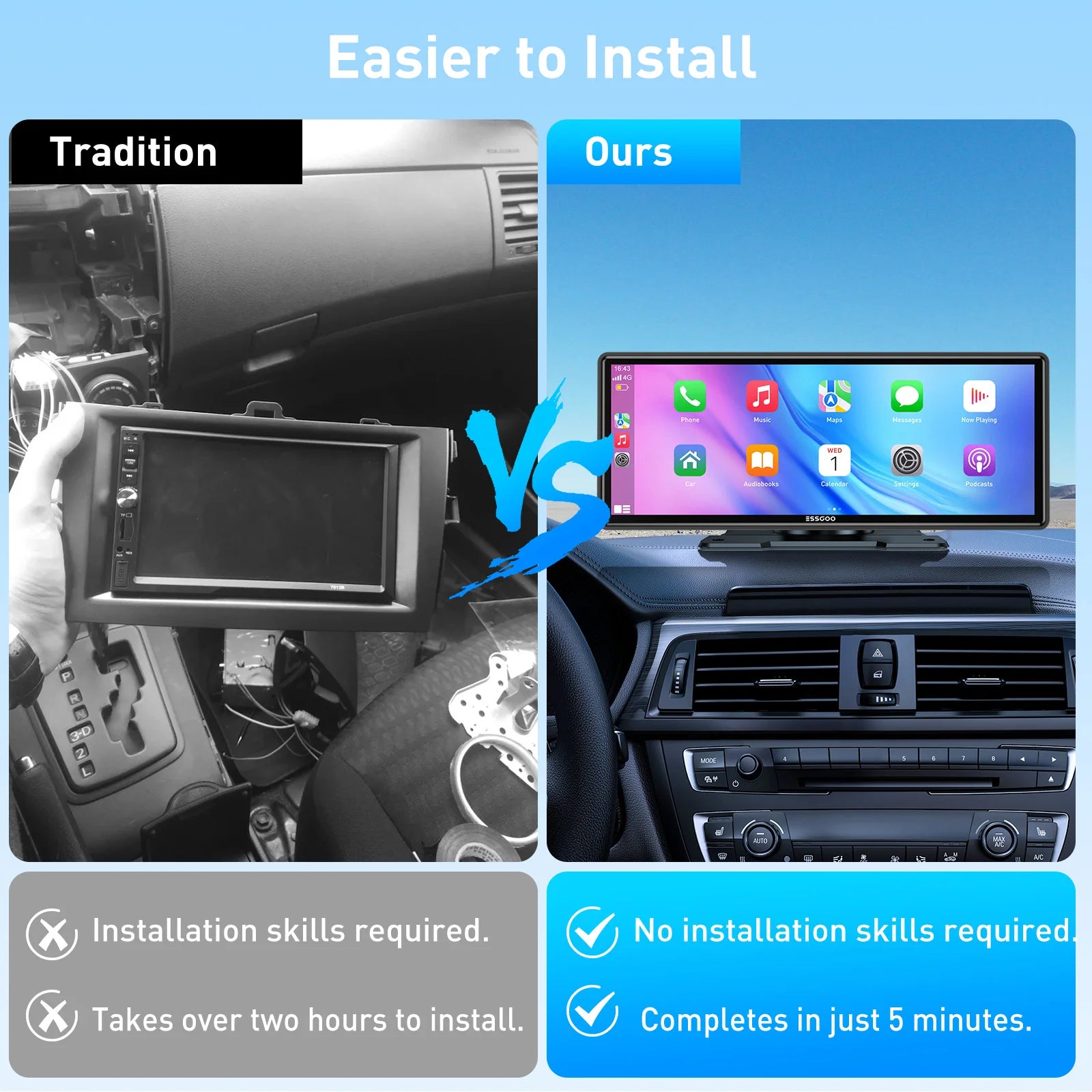 10.26 Portable Wireless Carplay/Android Auto Car Stereo Radio Mirror Link Siri Bluetooth Audio FM