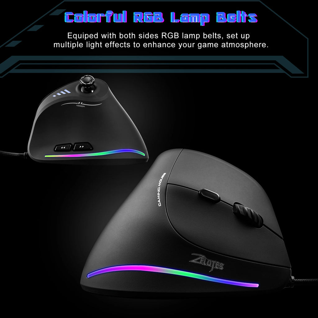ZELOTES C18 Wired Mouse Vertical Ergonomic Mouse RGB Joysticks Programmable Laser Gaming Mice 10000 DPI for PC Computer Gamer