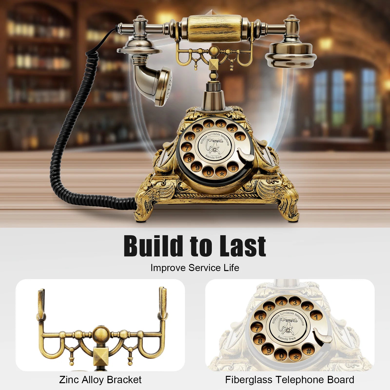 Vintage Antique European Style Old Fashioned Rotary Dial Phone Handset Telephone Line Connection Decoration